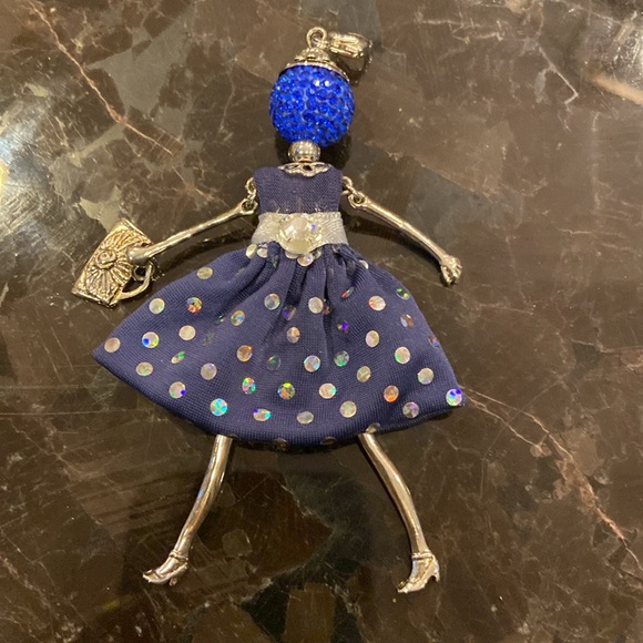 Le Amiche Silver-Tone Sky Blue Rhinestones Doll Charm w/Chain 32” Made In Italy - Picture 2 of 8